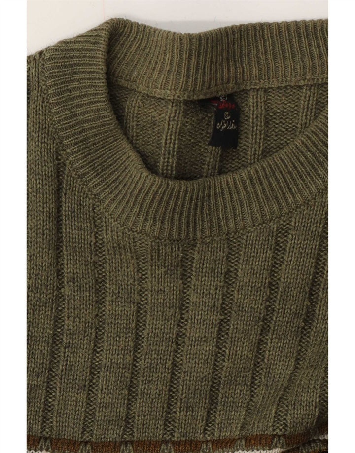 Suéter vintage masculino com gola redonda, verde médio, Fair Isle
