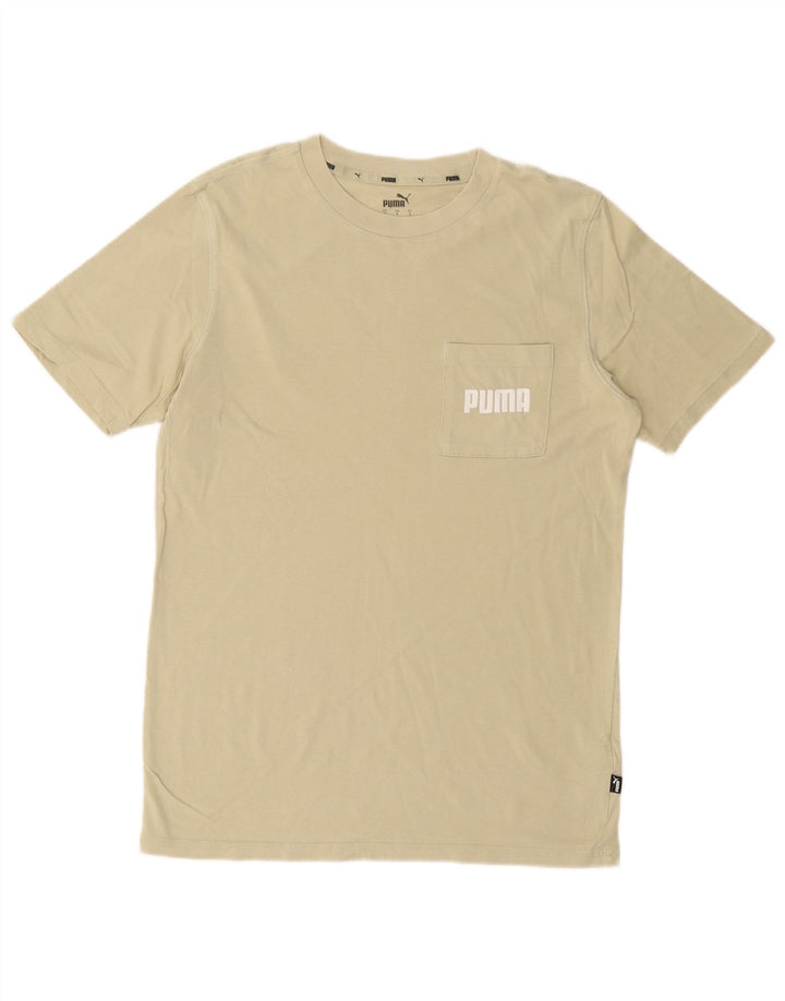 Camiseta masculina PUMA com estampa gráfica pequena de algodão cáqui