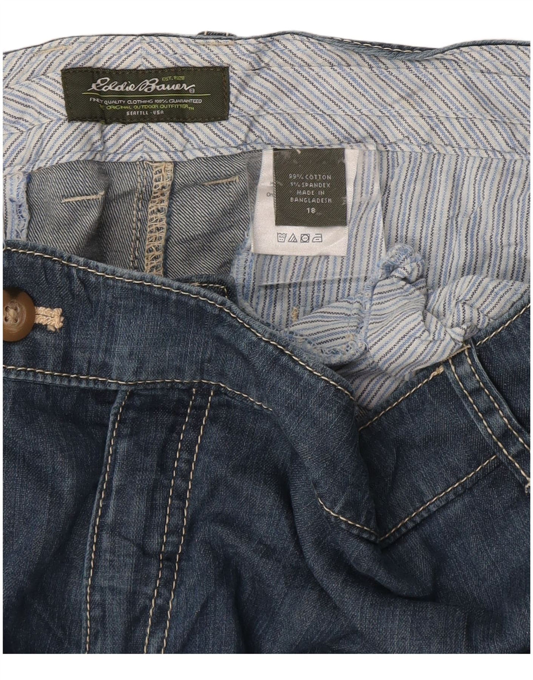 Bermuda jeans feminina Eddie Bauer US 18 2XL W38 algodão azul