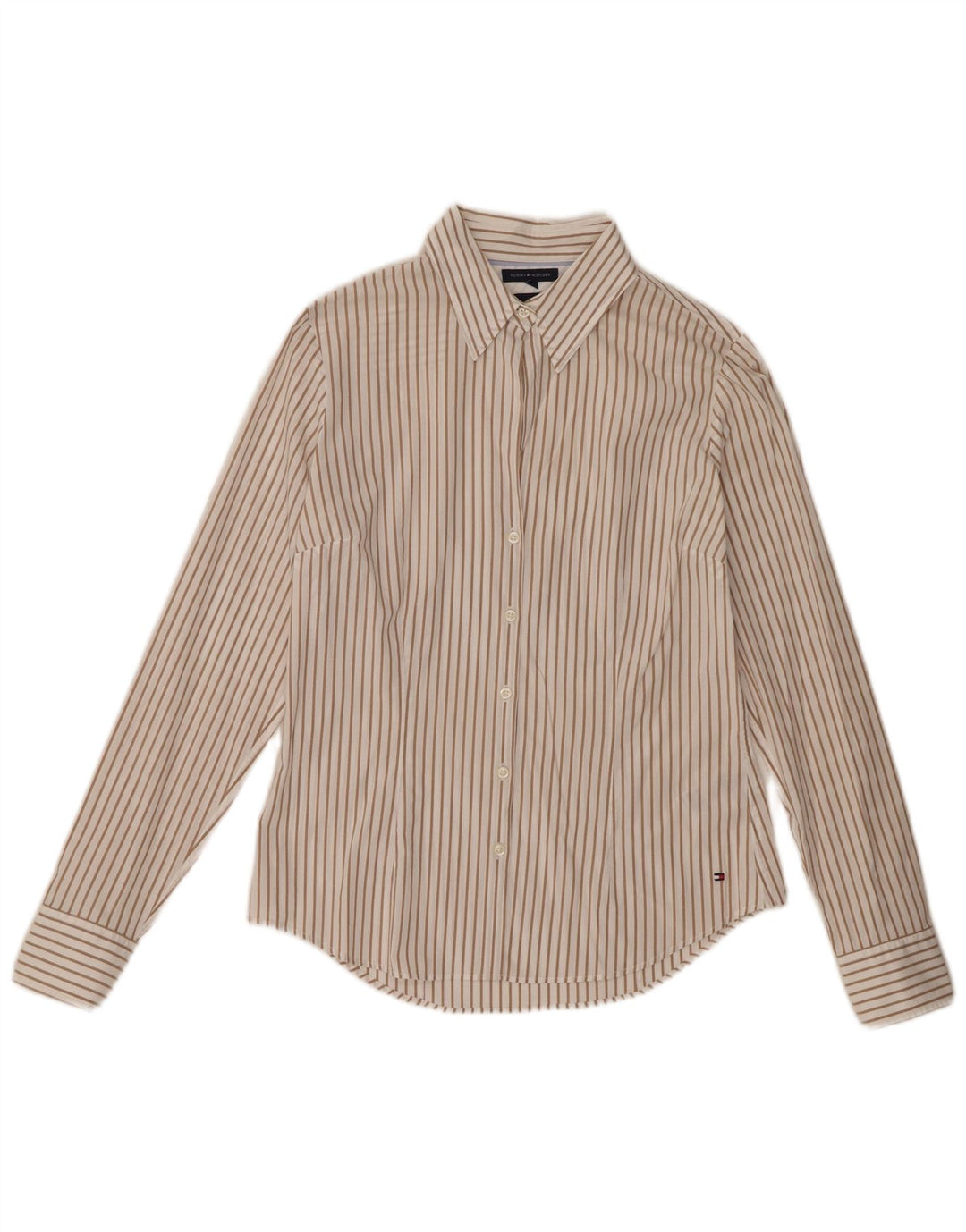 Tommy Hilfiger Camisa Stretch Feminina EUA 8 Algodão Listrado Bege Médio