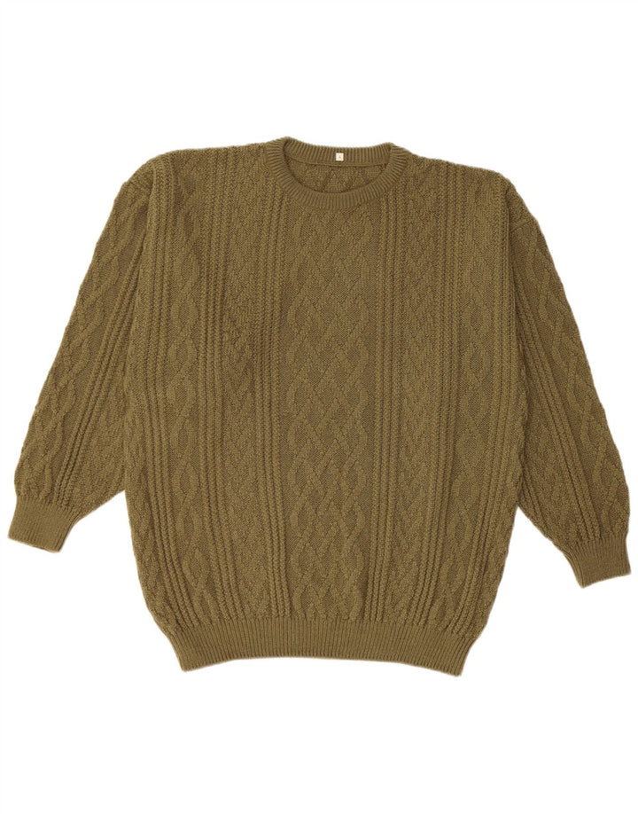 Suéter vintage masculino com gola redonda, grande acrílico cáqui