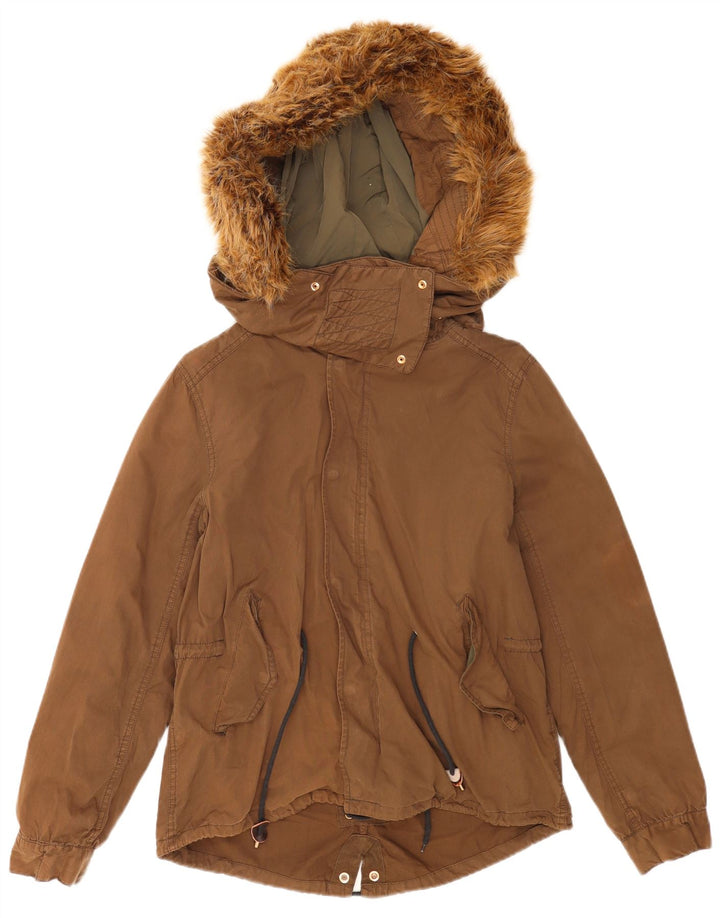 Jaqueta Parka com capuz grande Zara para mulher Reino Unido 10 poliéster marrom pequeno