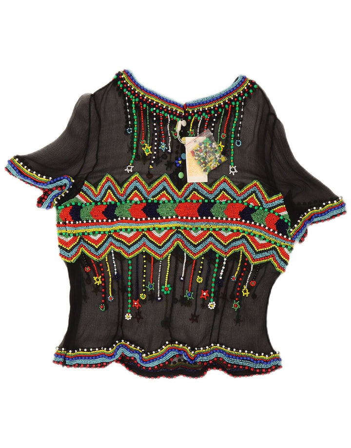 Blusa feminina vintage transparente IT 48 XL seda geométrica preta