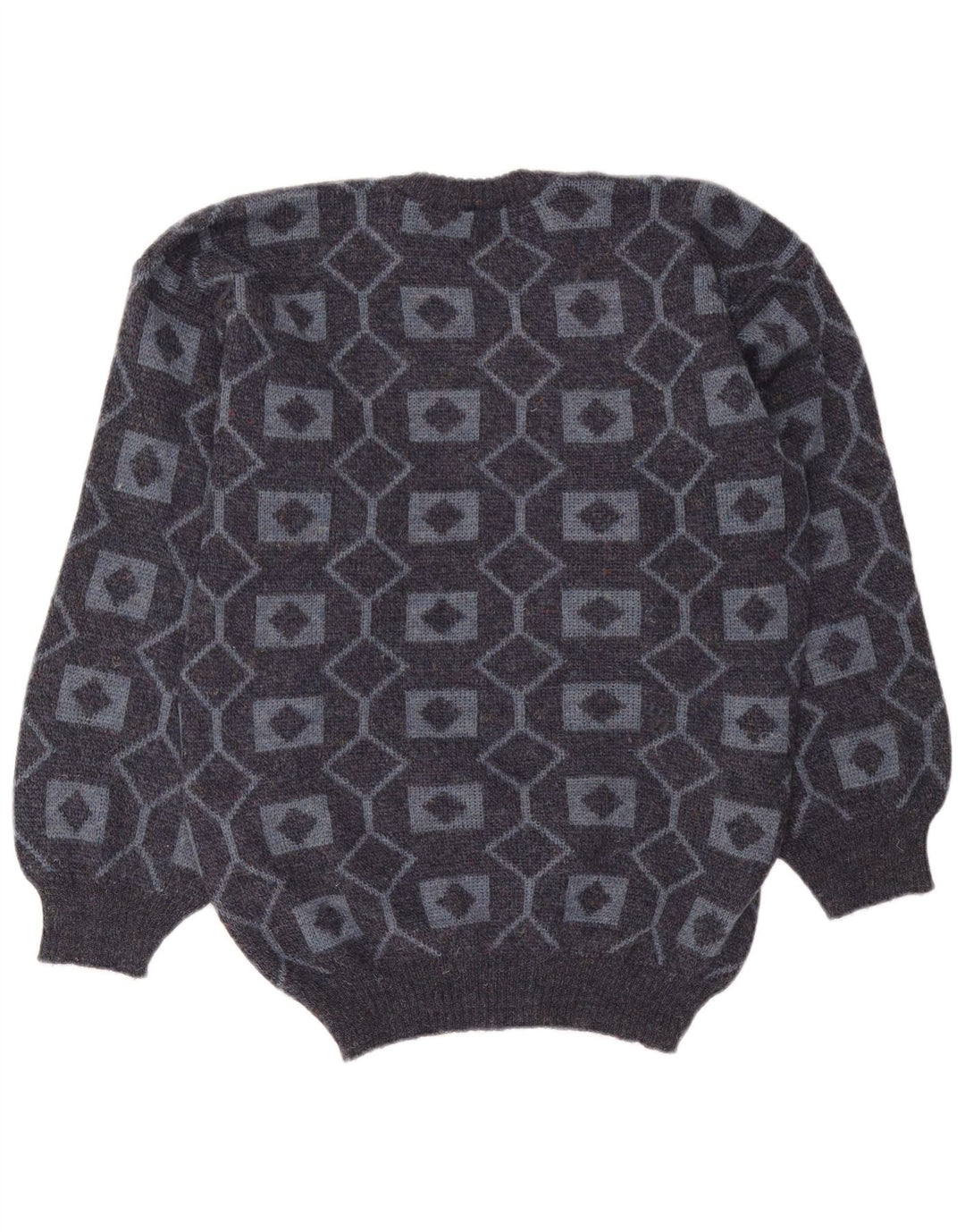 Suéter vintage masculino com gola redonda e acrílico geométrico cinza médio