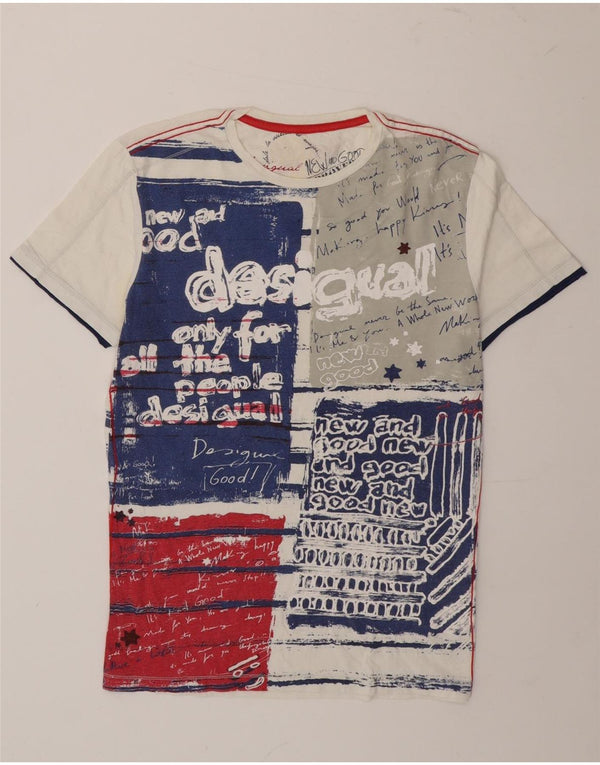 Desigual Camiseta masculina gráfica top pequeno algodão colorblock branco