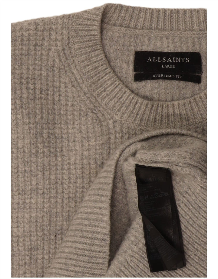 Suéter feminino All Saints com gola redonda grande, Reino Unido 16, lã cinza grande