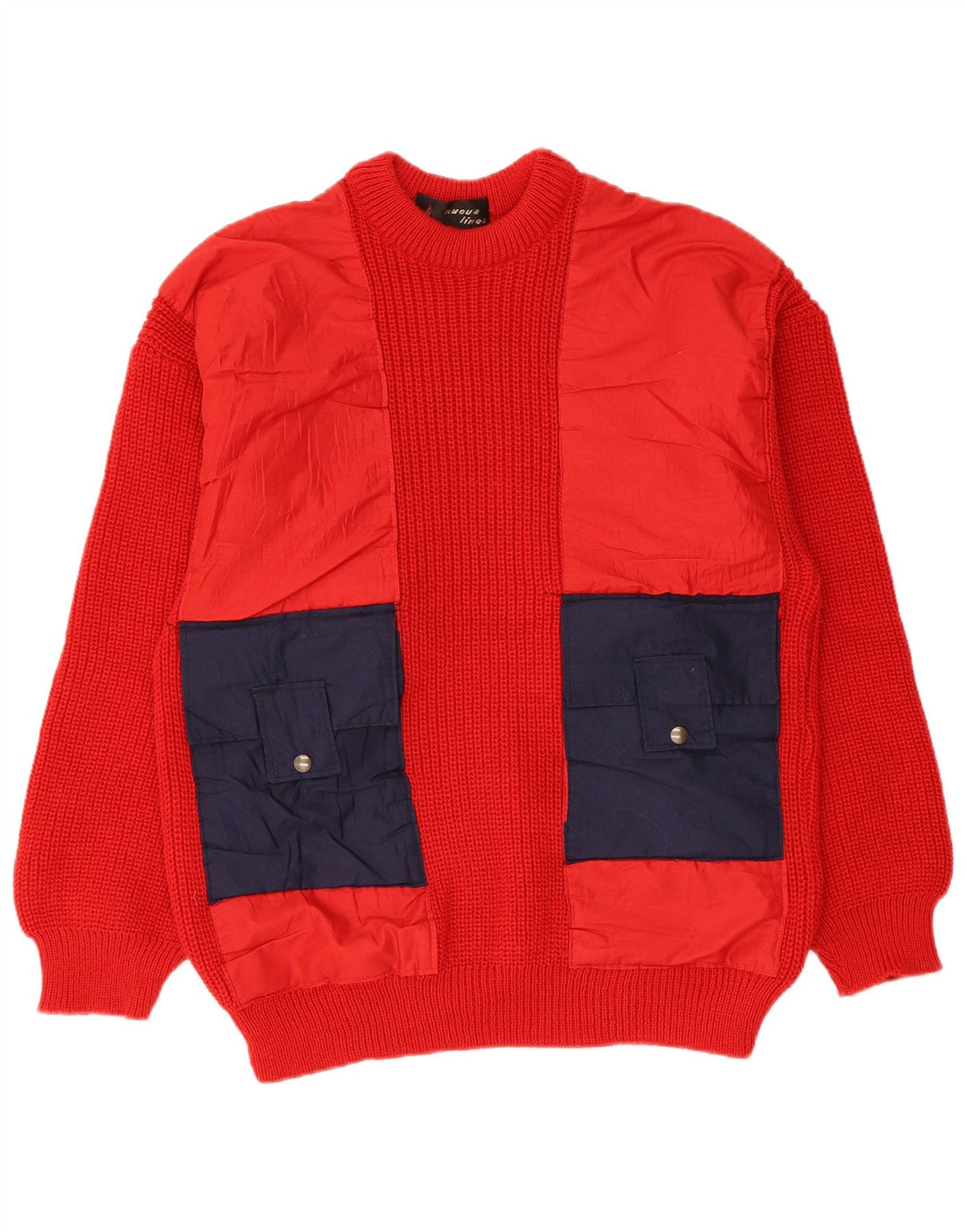 Suéter vintage masculino com gola redonda e bloco colorido vermelho médio
