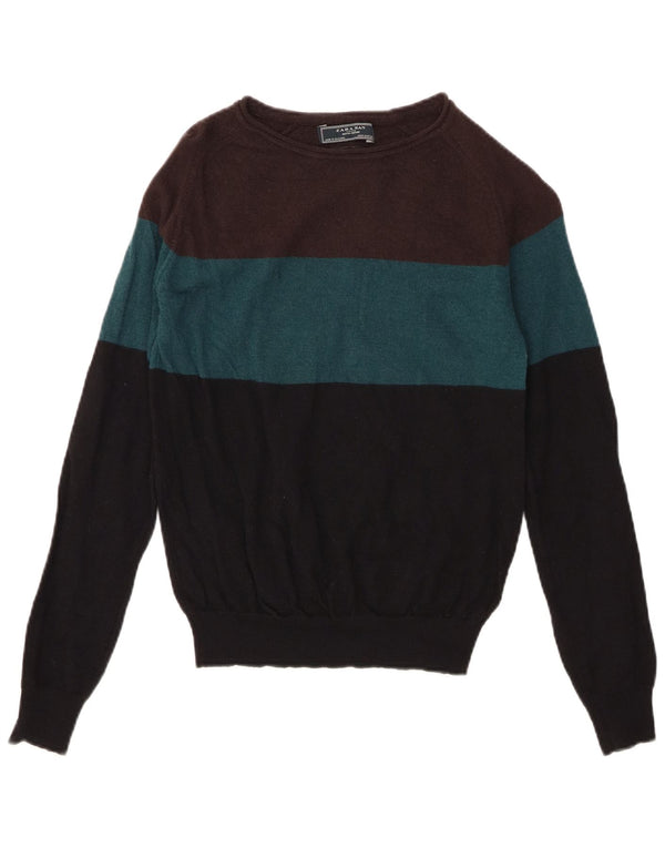 Zara Suéter masculino com gola canoa, médio, multicolorido, lã colorblock