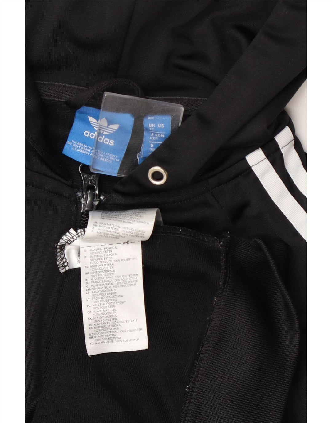 Suéter feminino Adidas com capuz e zíper gráfico UK 12 poliéster preto médio