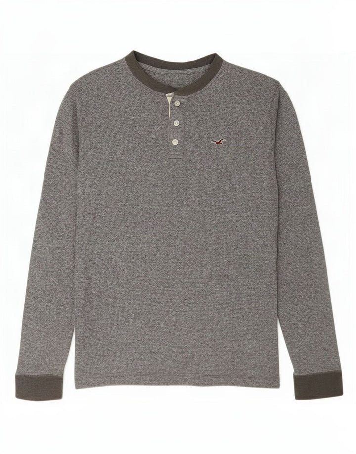 Top masculino Hollister de manga comprida grande algodão manchado cinza