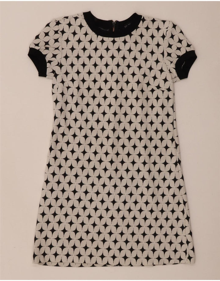 Vestido feminino Zara com padrão abstrato evasê UK 12 algodão branco médio