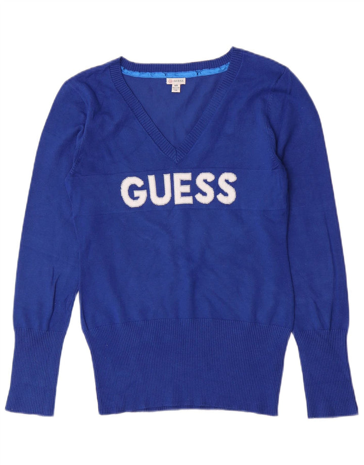 Guess Suéter feminino gráfico com decote em V Reino Unido 8 pequeno rayon azul