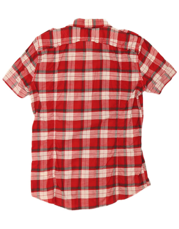 Camisa militar masculina diesel de manga curta, algodão xadrez vermelho médio