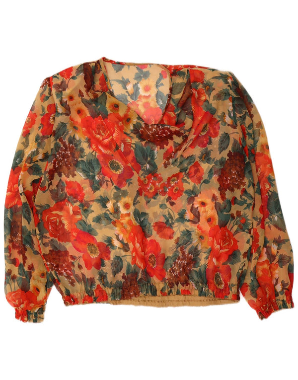 Blusa feminina vintage de manga comprida UK 14 grande floral multicolorida