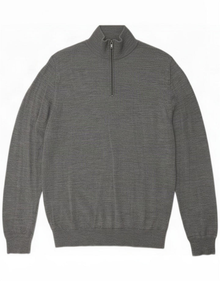 Suéter masculino Marks & Spencer com zíper e gola alta lã Merino cinza grande