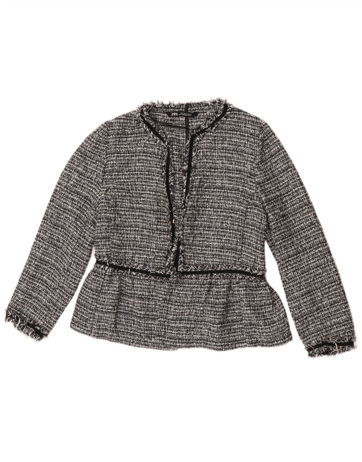 Zara Womens Open Blazer Jacket UK 14 Poliéster manchado cinza médio