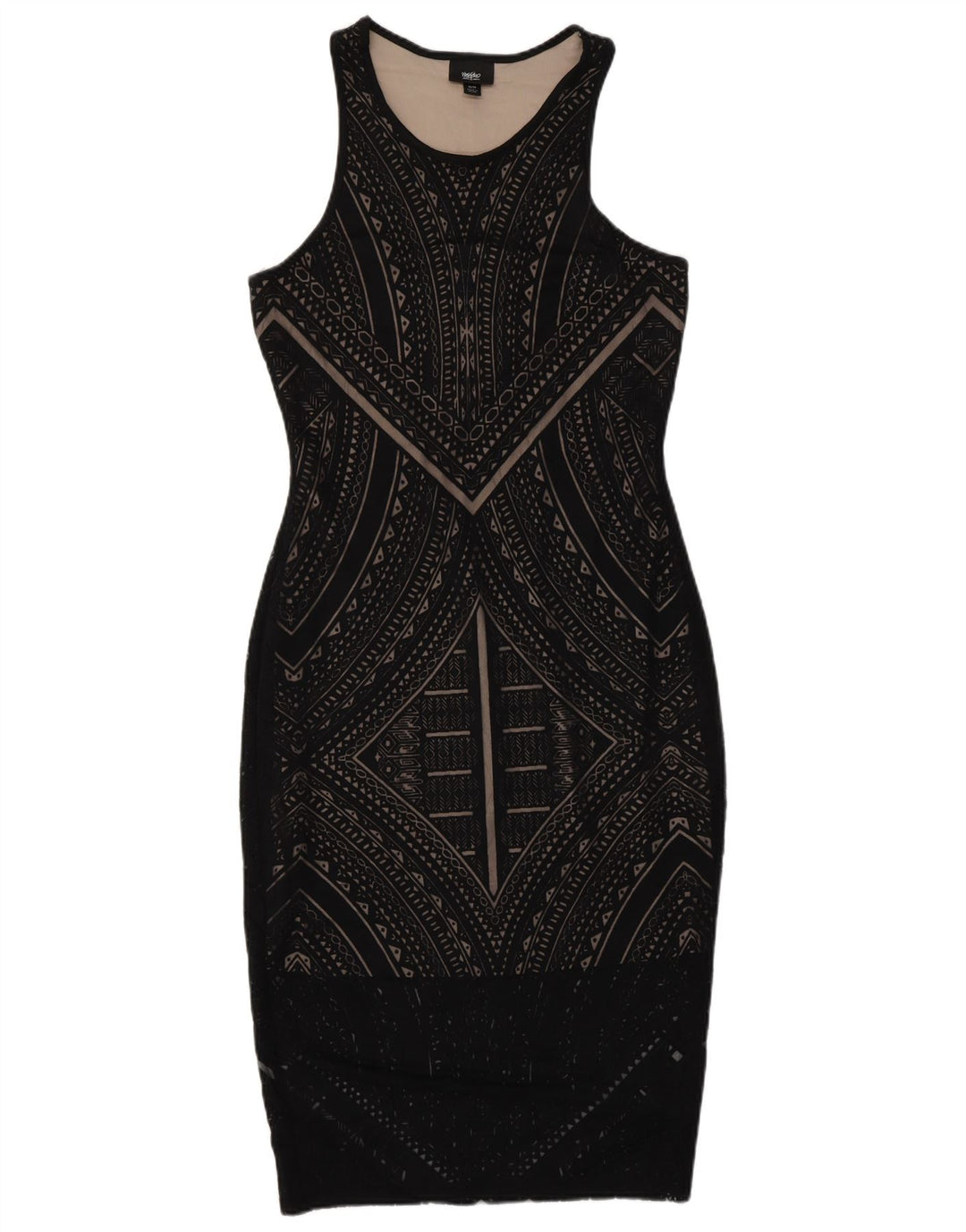 Vestido bodycon feminino sem mangas MOSSIMO UK 6 XS preto geométrico rayon
