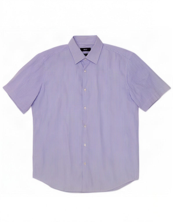 Camisa masculina de manga curta Hugo Boss tamanho 39 15 1/2 risca de giz azul médio