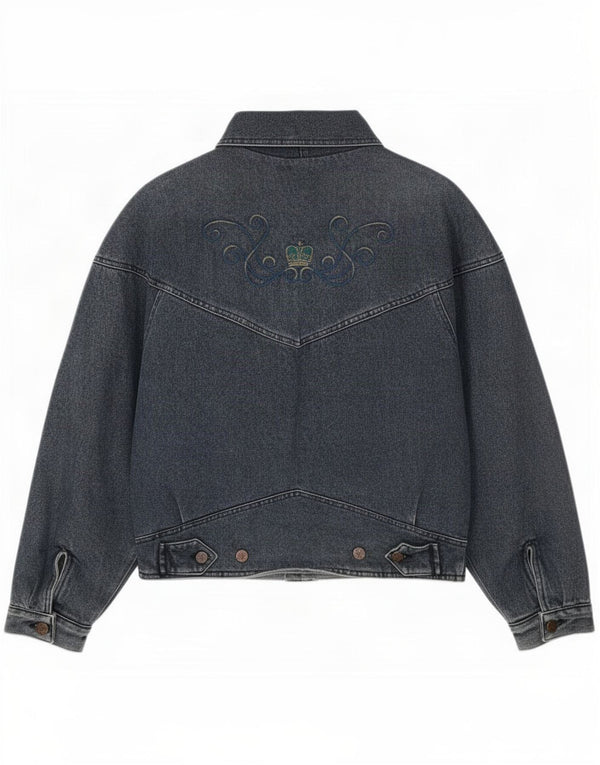 Jaqueta jeans feminina vintage Reino Unido 14 algodão paisley azul marinho médio