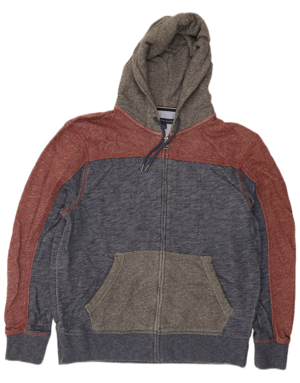 Tommy Hilfiger Suéter masculino com capuz e zíper grande algodão colorblock azul marinho