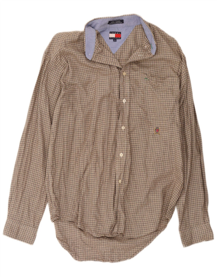 Camisa masculina Tommy Hilfiger de algodão xadrez marrom médio