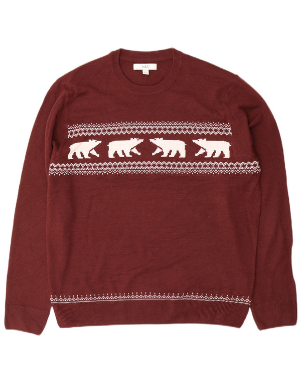 Suéter masculino Marks & Spencer com gola redonda grande Borgonha Fair Isle