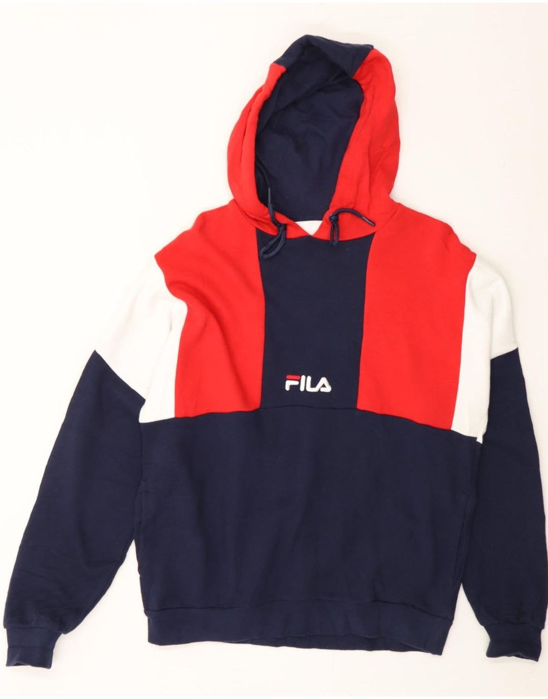 FILA Mens Hoodie Jumper Small Navy Blue Colourblock Cotton Vintage Fila and Second-Hand Fila from Messina Hembry 