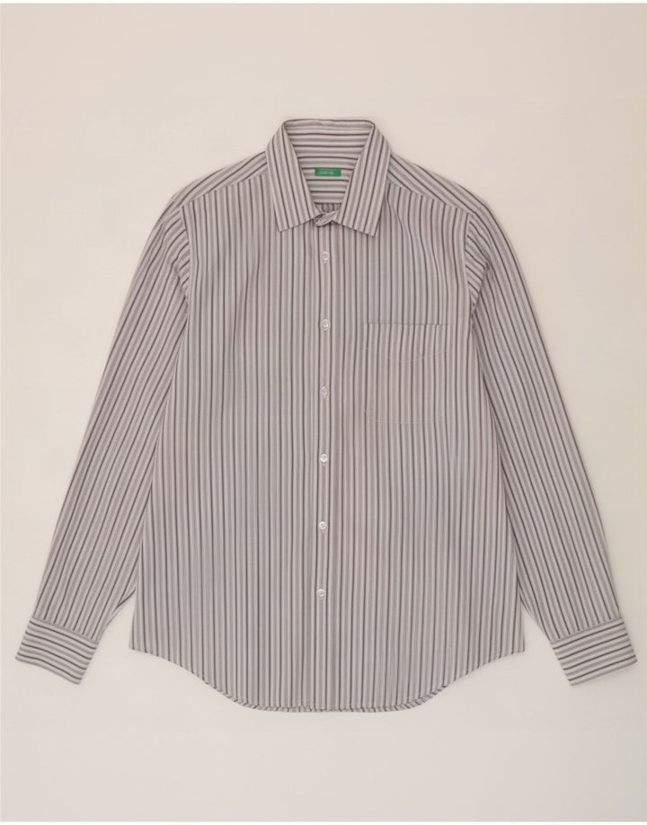 Camisa masculina Benetton grande algodão listrado cinza