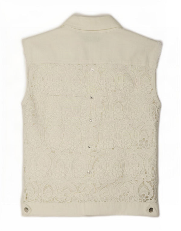 Colete jeans feminino Twin-Set UK 10 pequeno algodão floral branco