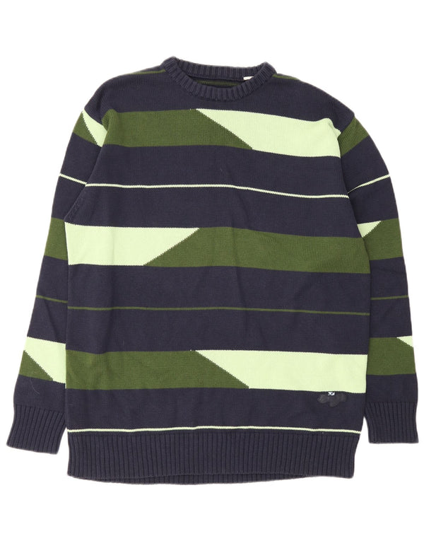 Suéter vintage masculino com gola redonda grande listrado azul marinho