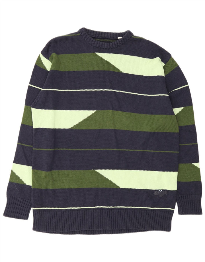 Suéter vintage masculino com gola redonda grande listrado azul marinho