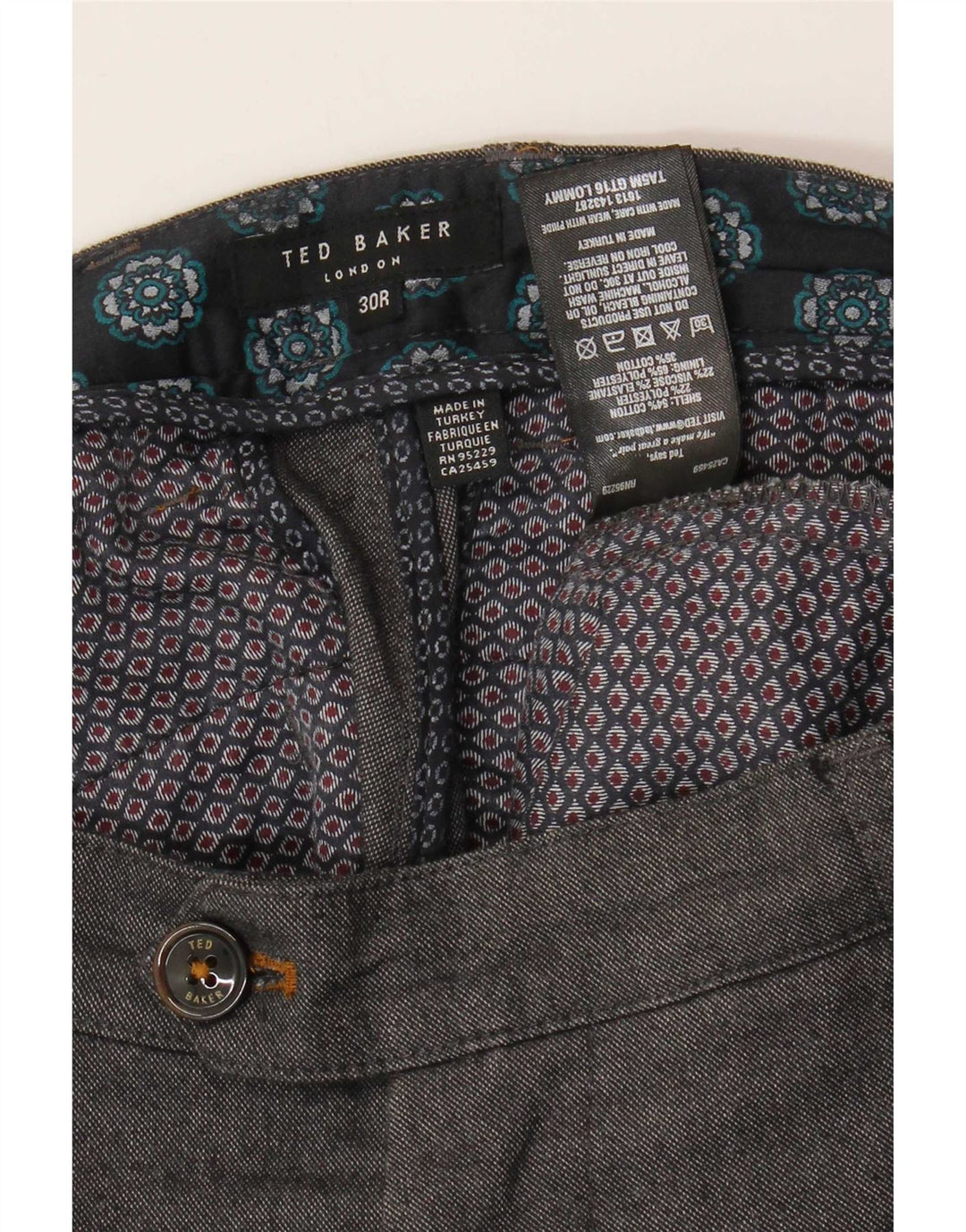 Calça masculina slim Ted Baker W30 L32 algodão manchado cinza
