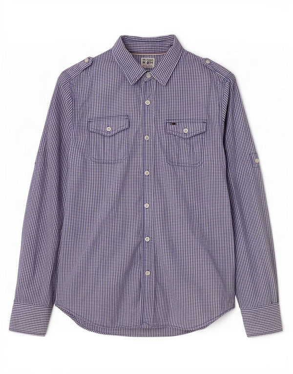 Camisa militar masculina Tommy Hilfiger pequena algodão guingão azul