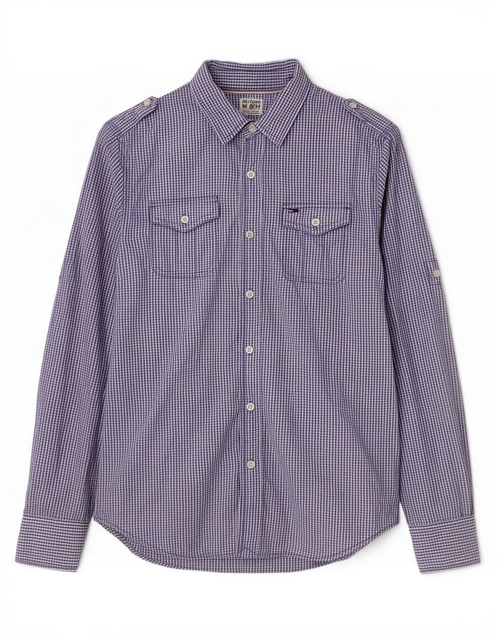 Camisa militar masculina Tommy Hilfiger pequena algodão guingão azul