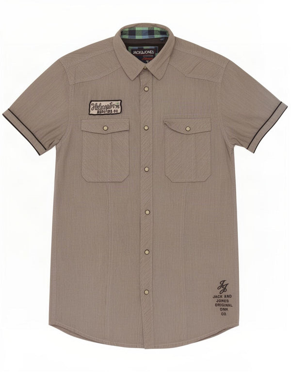 Camisa masculina gráfica Jack & Jones de manga curta pequena listrada cinza de algodão