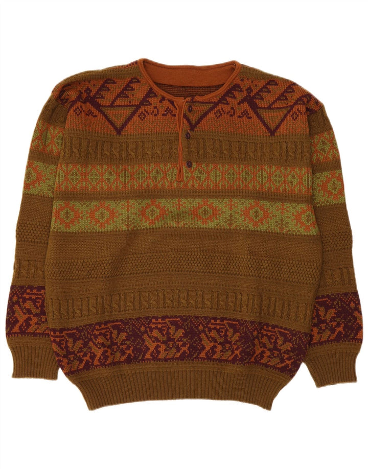 Suéter vintage masculino com gola com botão UE 50 médio cáqui Fair Isle