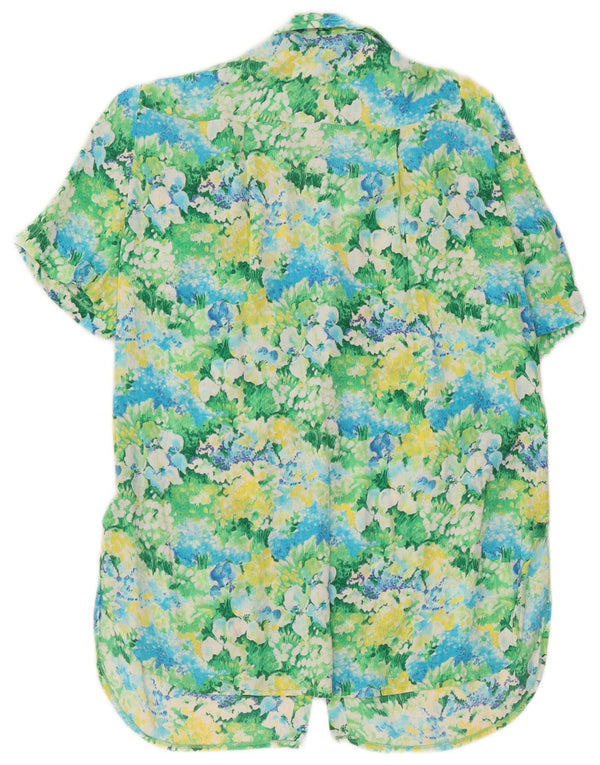 Camisa feminina vintage de manga curta Reino Unido 14 grande viscose floral verde