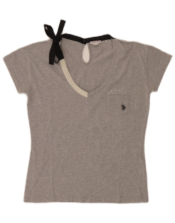 US Polo Assn. Camiseta feminina top UK 14 grande algodão manchado cinza