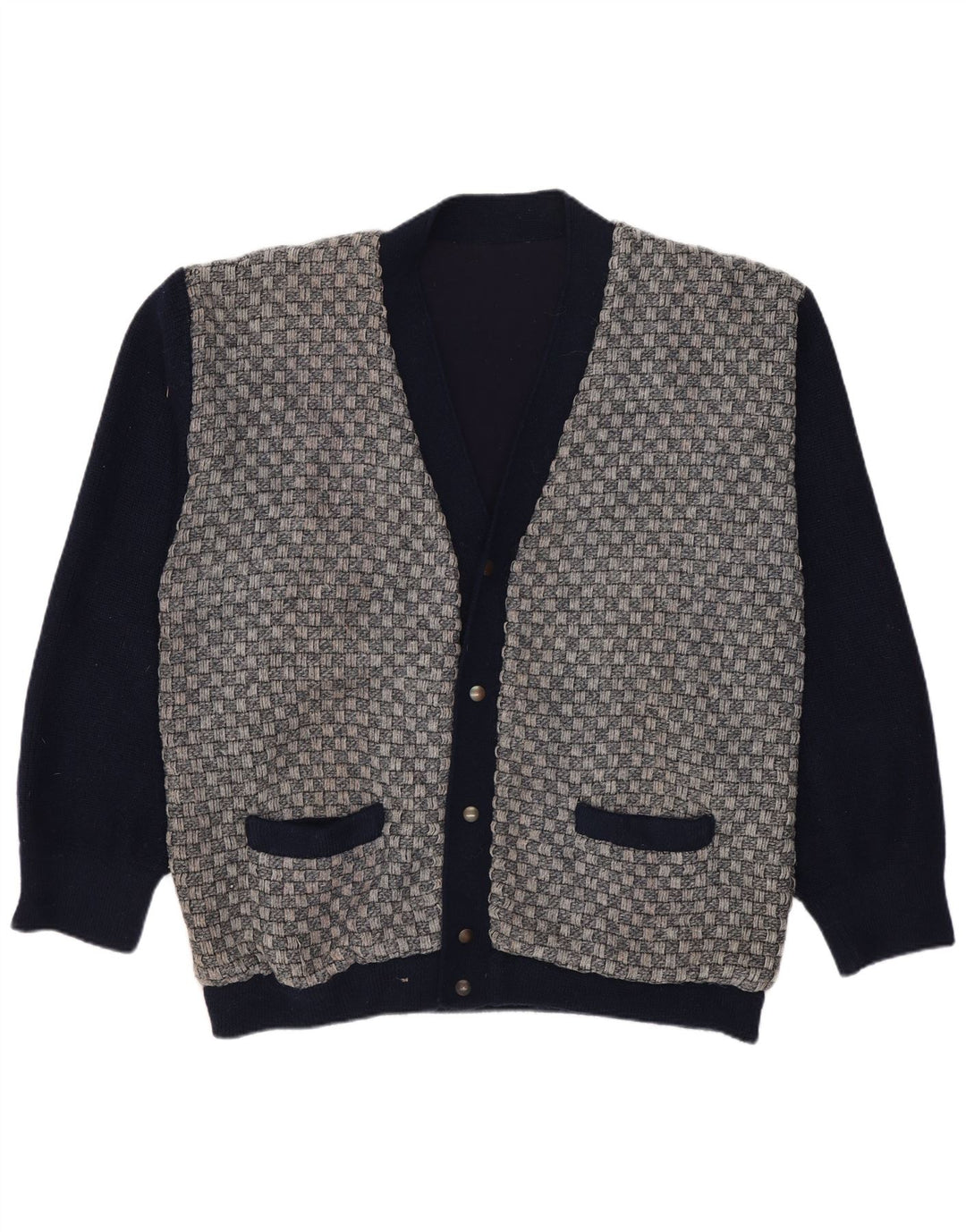 Suéter cardigã masculino vintage médio azul marinho geométrico