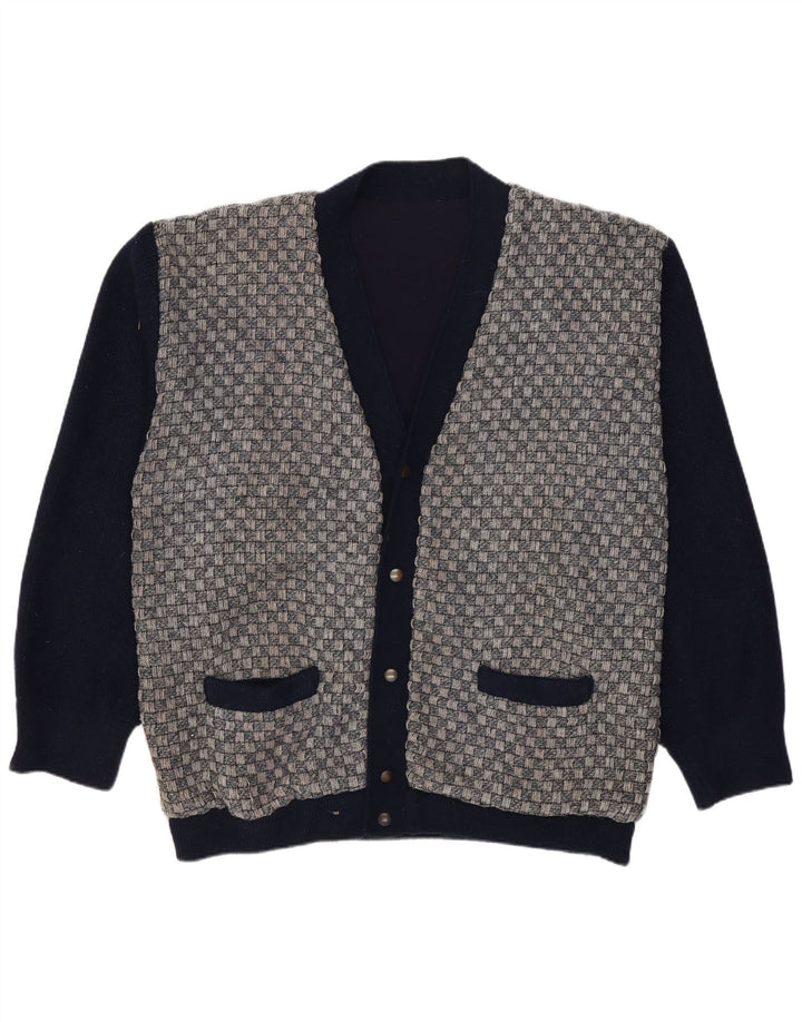 Suéter cardigã masculino vintage médio azul marinho geométrico