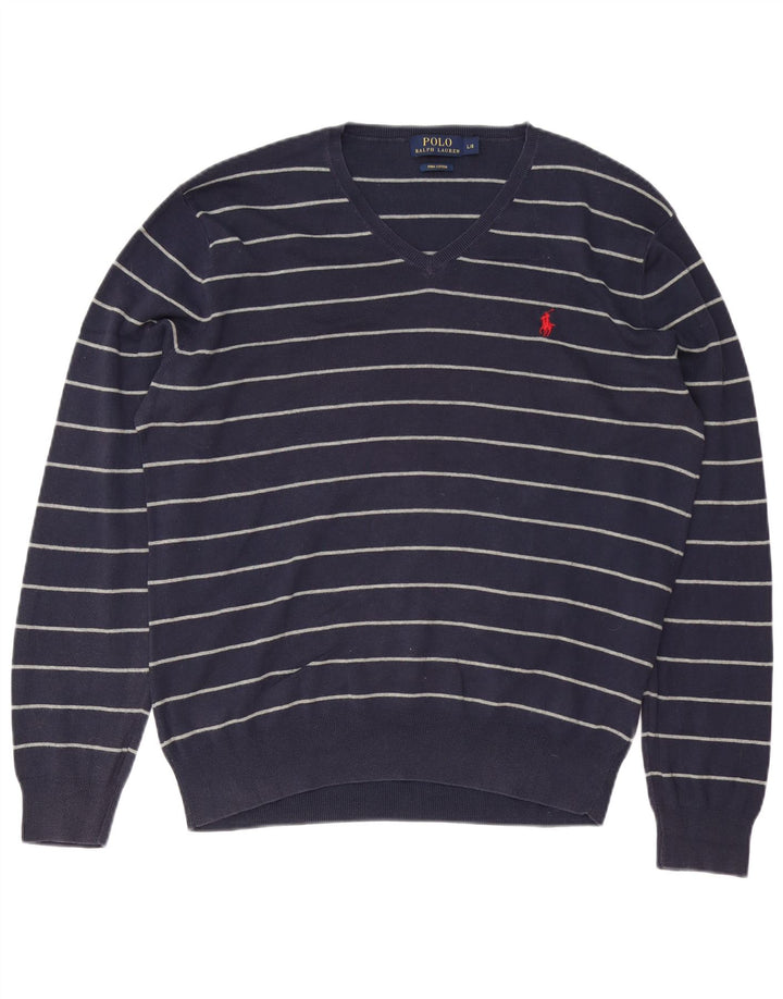 Suéter masculino POLO RALPH LAUREN com decote em V grande listrado azul marinho