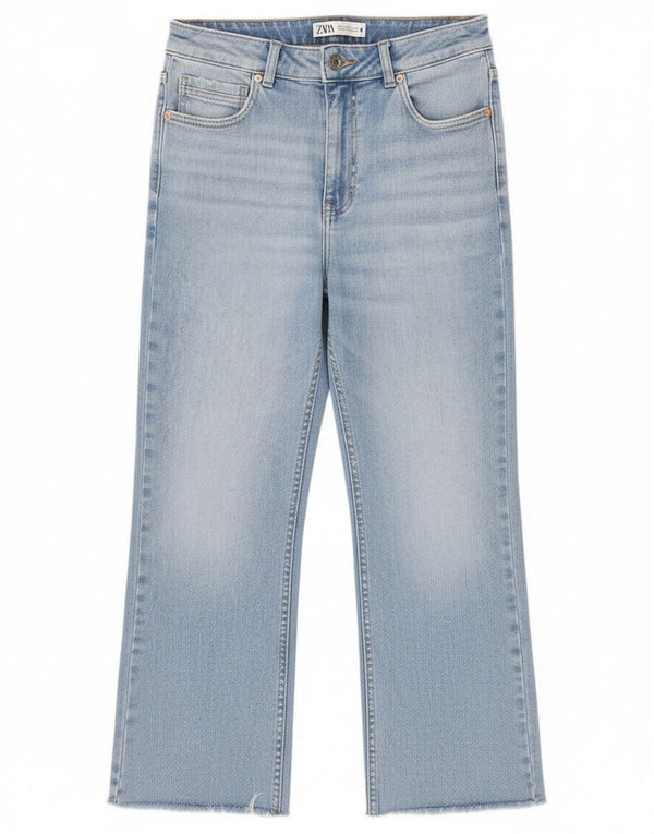Calça jeans feminina Zara cintura alta cortada UE 38 pequeno W28 L25 algodão azul