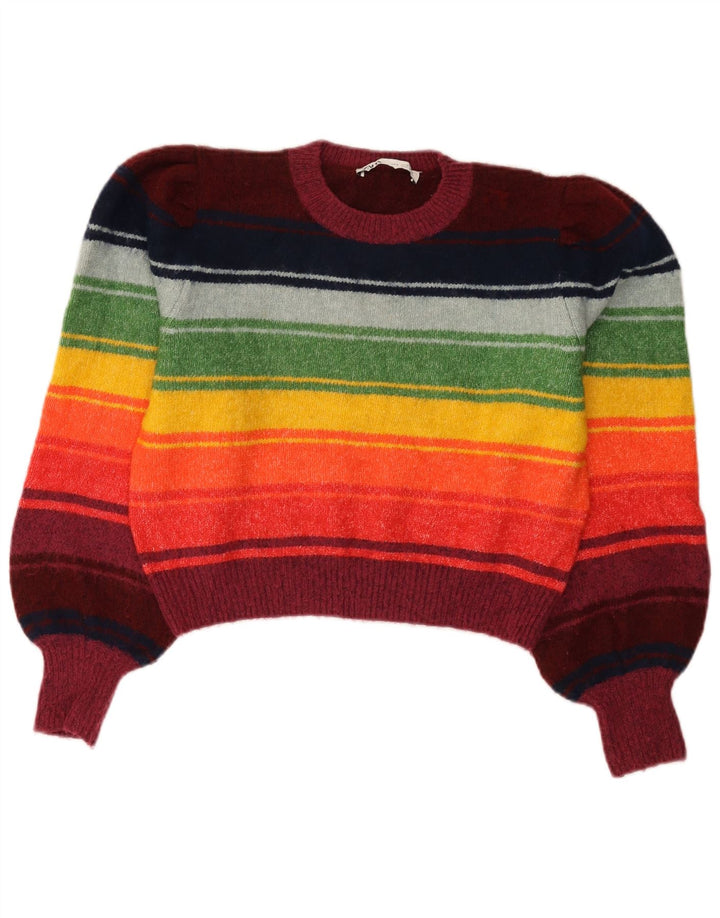 Suéter feminino Zara com gola redonda e listras multicoloridas UK 14