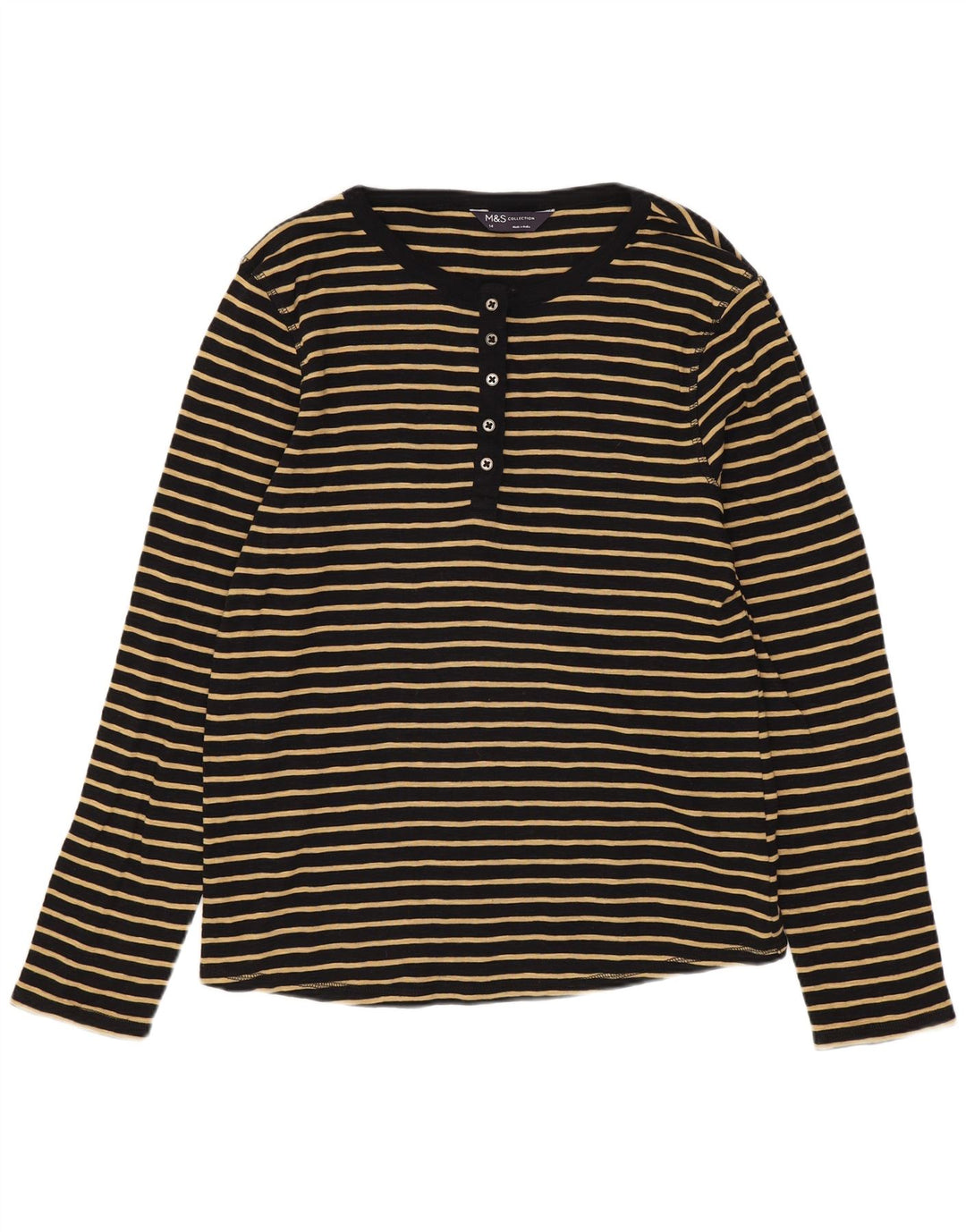 Top feminino Marks & Spencer manga comprida Reino Unido 14 algodão listrado preto médio