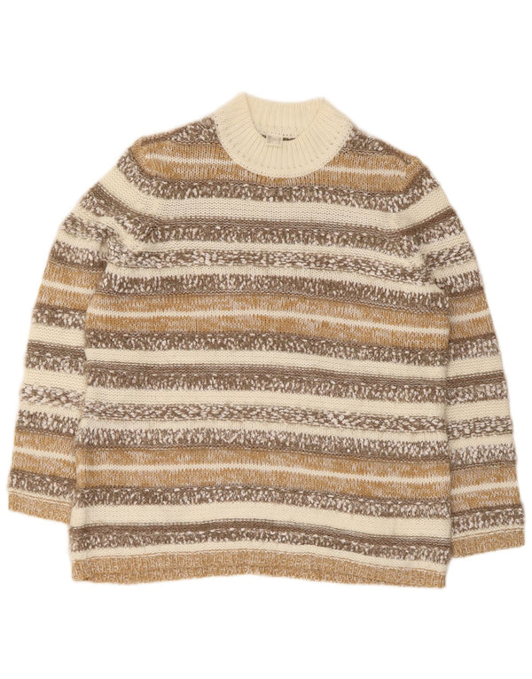 Suéter feminino vintage com gola tartaruga, Reino Unido 16, grande, bege, listrado, acrílico