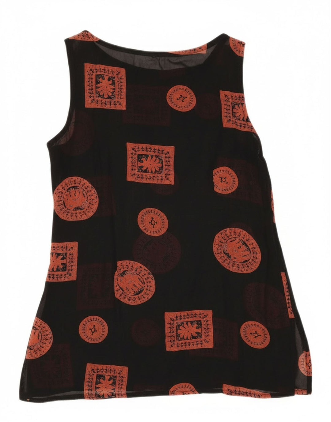 Túnica feminina vintage sem mangas UK 12 patchwork preto médio