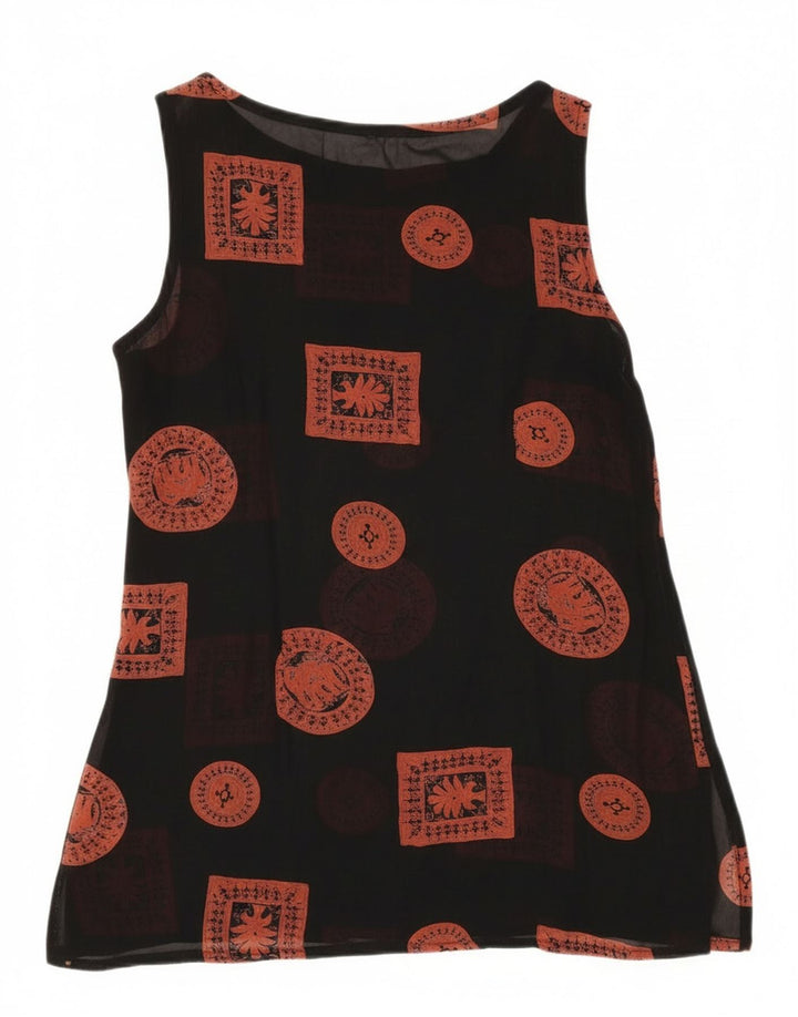 Túnica feminina vintage sem mangas UK 12 patchwork preto médio