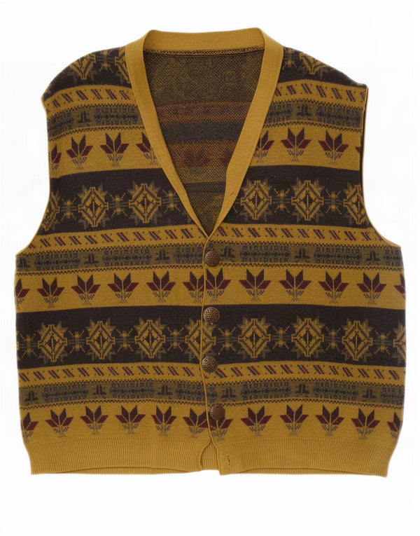 Suéter cardigã masculino vintage sem mangas grande cáqui lã Fair Isle
