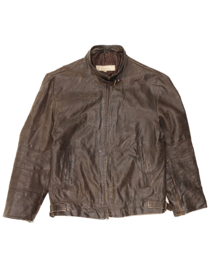 Jaqueta feminina de couro VINTAGE manga 3/4 Reino Unido 14 couro marrom médio