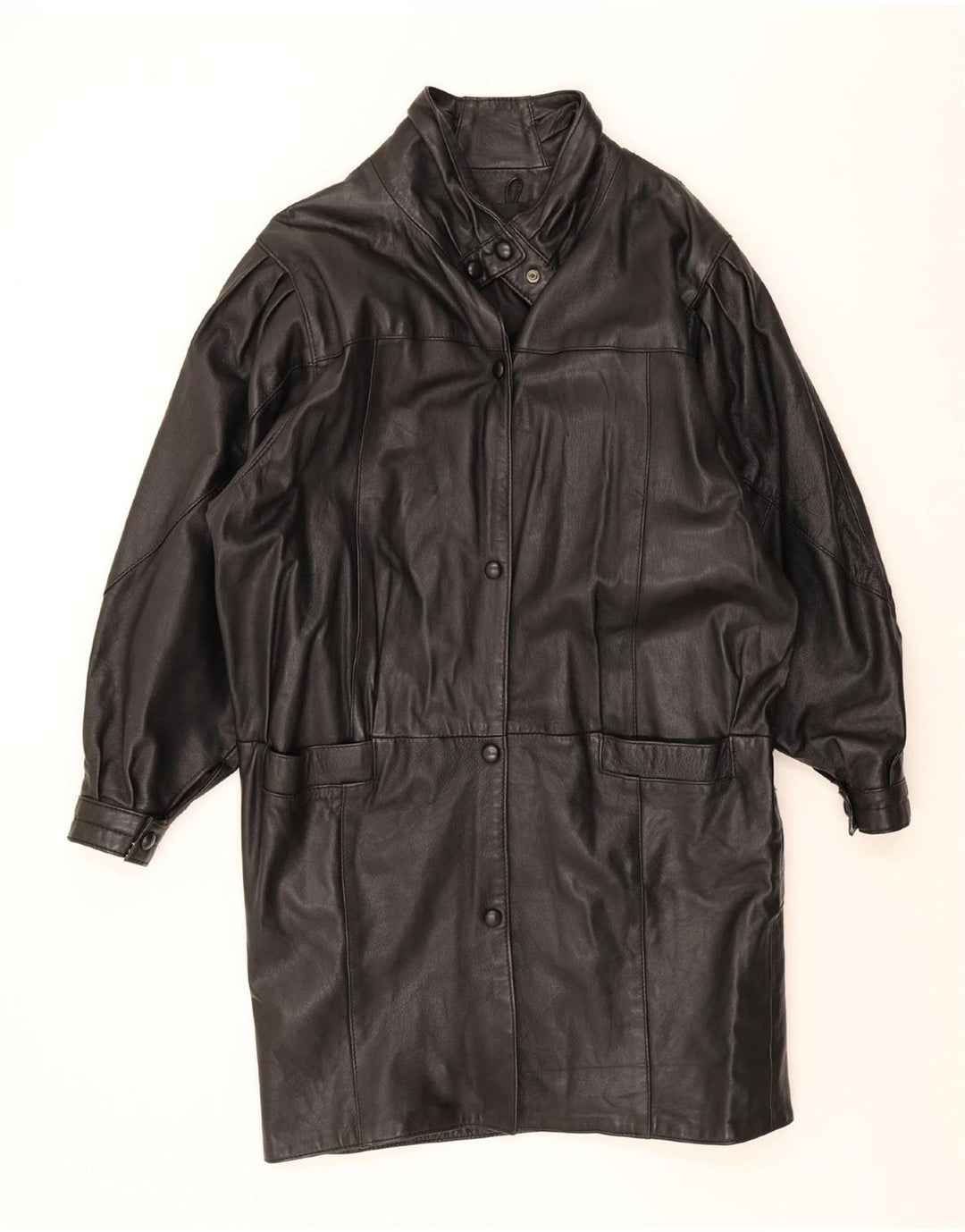 Casaco de couro grande vintage feminino UK 10 pequeno preto